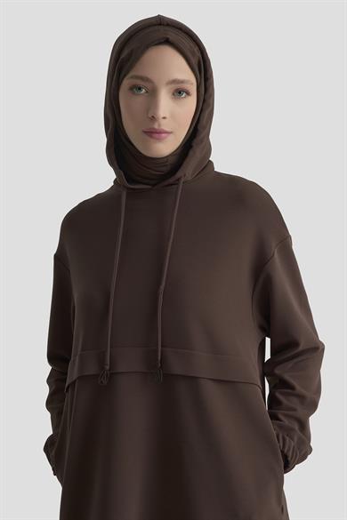Kapüşonlu Yandan Cepli Kolları Lastikli Fitilli Tunik Kahverengi 25KT462