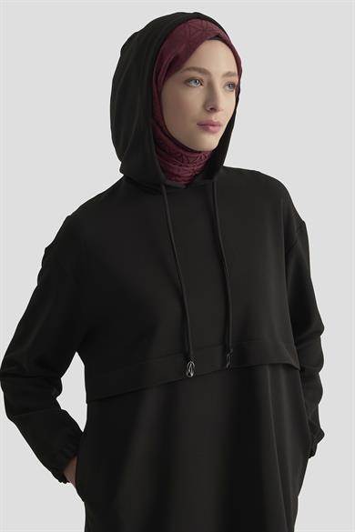 Kapüşonlu Yandan Cepli Kolları Lastikli Fitilli Tunik Siyah 25KT462