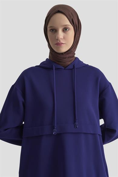 Kapüşonlu Yandan Cepli Kolları Lastikli Fitilli Tunik Saks 25KT462