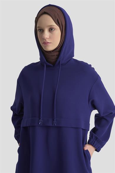 Kapüşonlu Yandan Cepli Kolları Lastikli Fitilli Tunik Saks 25KT462