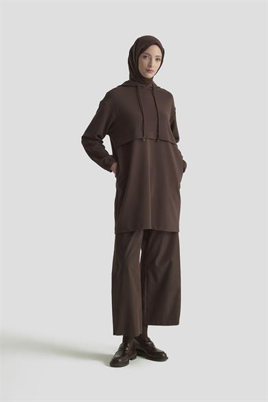 Kapüşonlu Yandan Cepli Kolları Lastikli Fitilli Tunik Kahverengi 25KT462