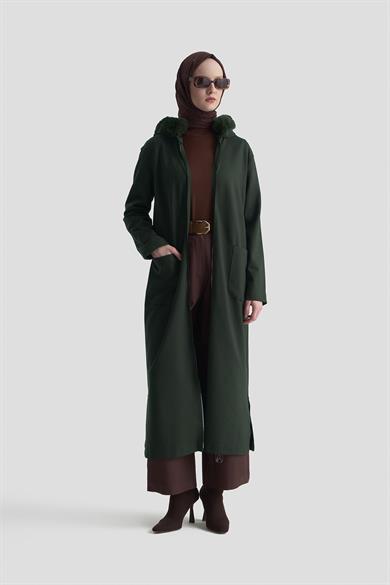 Kapüşonu Kürklü Boydan Fermuarlı Cepli Hırka Haki 25KT528