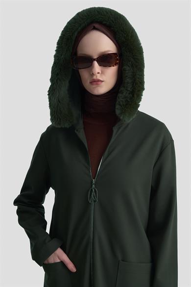 Kapüşonu Kürklü Boydan Fermuarlı Cepli Hırka Haki 25KT528