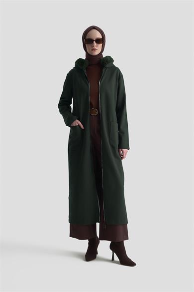 Kapüşonu Kürklü Boydan Fermuarlı Cepli Hırka Haki 25KT528