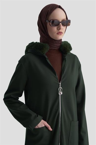 Kapüşonu Kürklü Boydan Fermuarlı Cepli Hırka Haki 25KT528