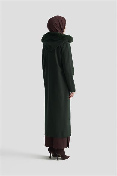 Kapüşonu Kürklü Boydan Fermuarlı Cepli Hırka Haki 25KT528