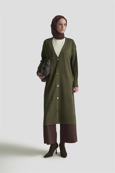 Kazayağı Desenli Düğmeli Triko Hırka Haki 25YTD4119