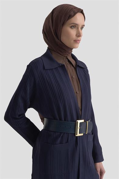 Kendinden Çizgi Desenli Cepli Triko Ceket Lacivert 25YTD569