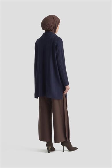 Kendinden Çizgi Desenli Cepli Triko Ceket Lacivert 25YTD569