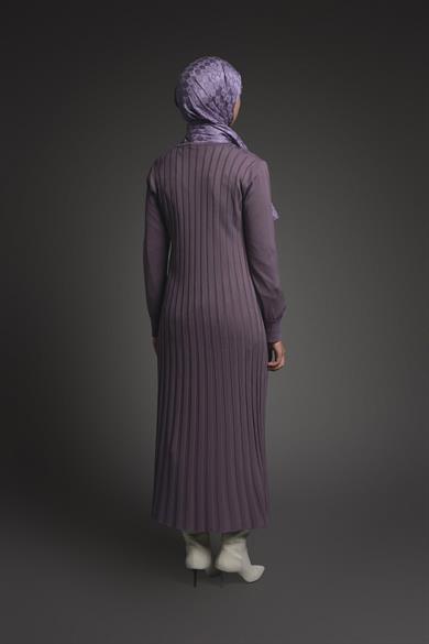 Kendinden Çizgili Triko Elbise Lila 25KT901