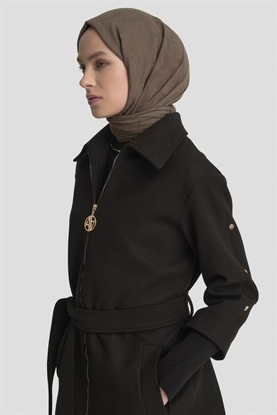 Kolları Çıtçıt Detaylı Ribanalı Kemerli Astarlı Kaşe Kaban Siyah 25KT709