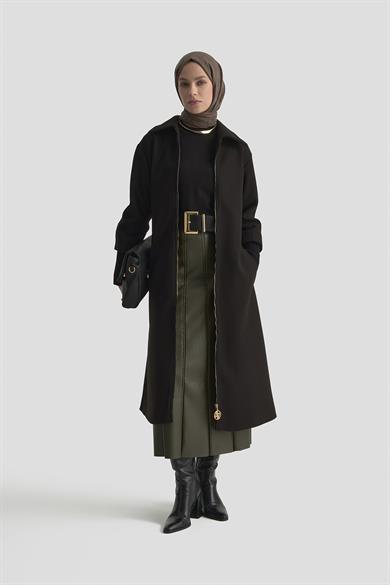 Kolları Çıtçıt Detaylı Ribanalı Kemerli Astarlı Kaşe Kaban Siyah 25KT709