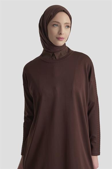 Kolları Çizgi Detaylı Uzun Triko Tunik Sütlü Kahve 25YTD4117