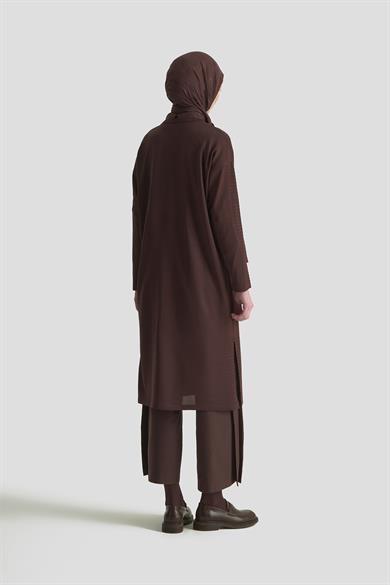 Kolları Çizgi Detaylı Uzun Triko Tunik Sütlü Kahve 25YTD4117
