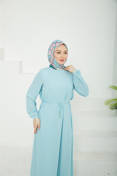 Kolları Lastikli Astarlı Elbise-Mavi 25YT927