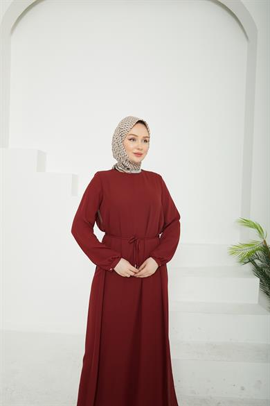 Kolları Lastikli Astarlı Elbise Bordo 25YT927