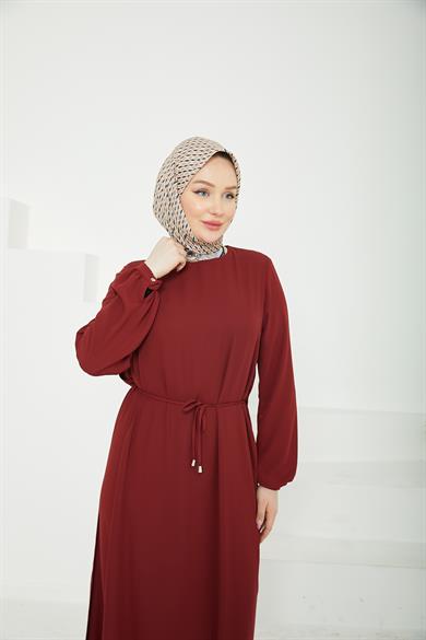 Kolları Lastikli Astarlı Elbise Bordo 25YT927