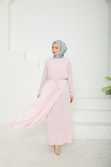 Kolları Lastikli Astarlı Elbise-Rose 25YT927