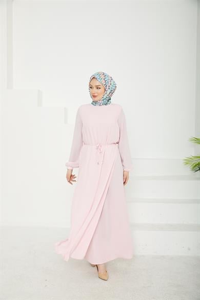 Kolları Lastikli Astarlı Elbise-Rose 25YT927