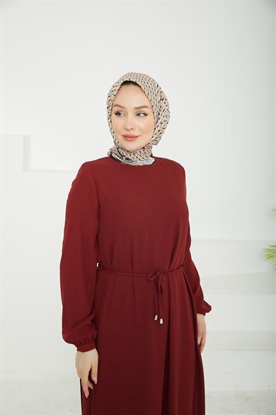Kolları Lastikli Astarlı Elbise Bordo 25YT927