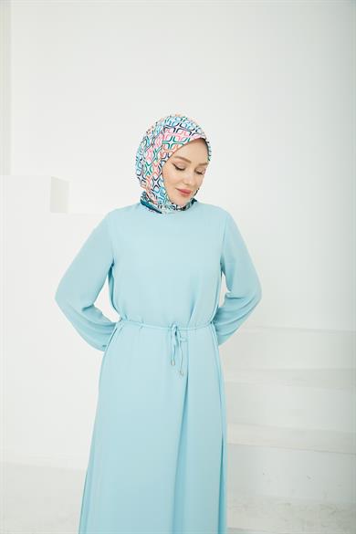 Kolları Lastikli Astarlı Elbise-Mavi 25YT927