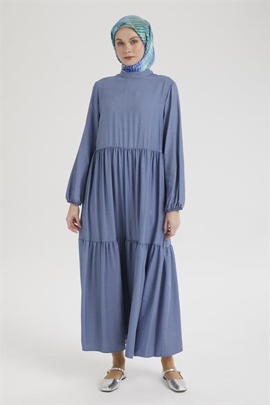 Kolları Lastikli Günlük Elbise-İndigo 25YT953