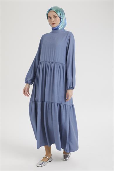 Kolları Lastikli Günlük Elbise-İndigo 25YT953