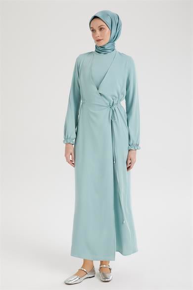 Kolları Lastikli V Yaka Detaylı Elbise-Mint  25YT944