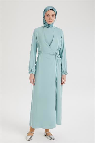Kolları Lastikli V Yaka Detaylı Elbise-Mint  25YT944