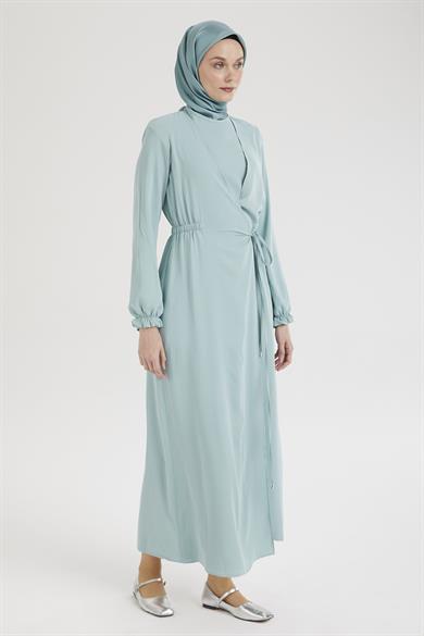 Kolları Lastikli V Yaka Detaylı Elbise-Mint  25YT944