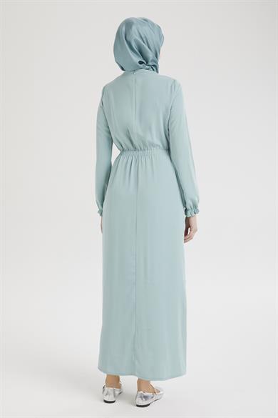 Kolları Lastikli V Yaka Detaylı Elbise-Mint  25YT944