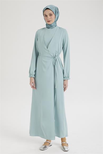 Kolları Lastikli V Yaka Detaylı Elbise-Mint  25YT944
