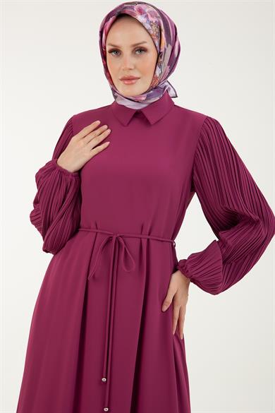 Kolları Piliseli Arkadan Fermuarlı İç Astarlı Elbise-Bordo 23YT921