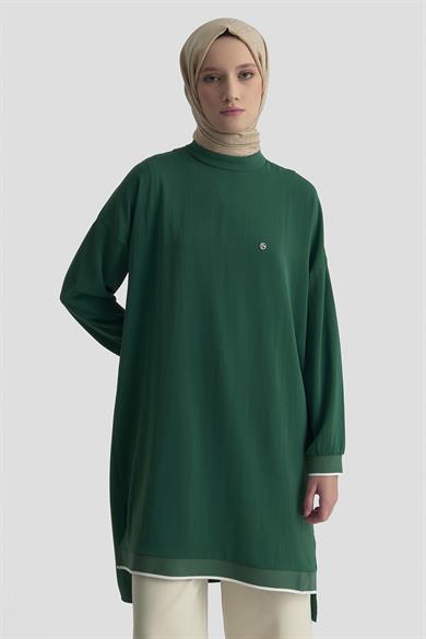 Kolları Ribanalı Arkadan Uzatmalı Basic Tunik-Zümrüt 25YT449