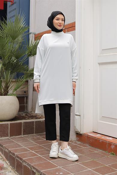 Kolları Ribanalı Arkadan Uzatmalı Basic Tunik-Beyaz 25YT449