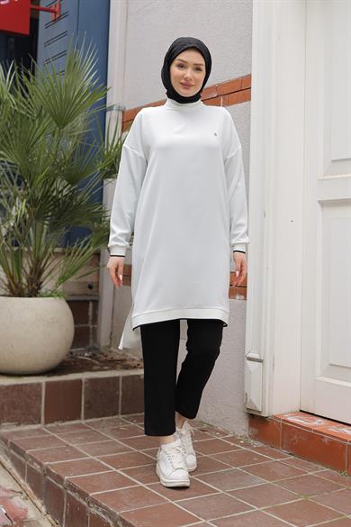 Kolları Ribanalı Arkadan Uzatmalı Basic Tunik-Beyaz 25YT449