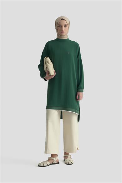 Kolları Ribanalı Arkadan Uzatmalı Basic Tunik-Zümrüt 25YT449