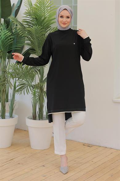 Kolları Ribanalı Arkadan Uzatmalı Basic Tunik-Siyah 25YT449