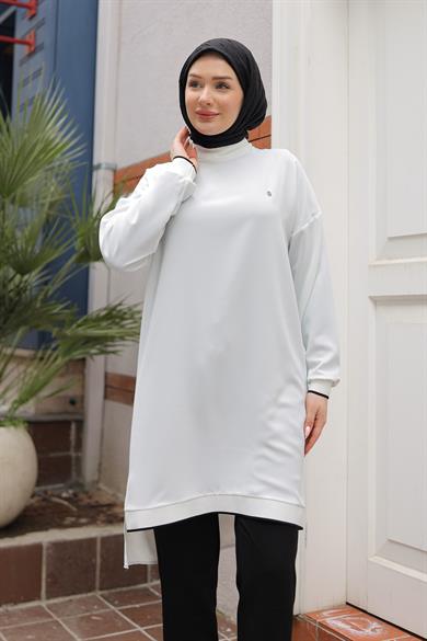 Kolları Ribanalı Arkadan Uzatmalı Basic Tunik-Beyaz 25YT449