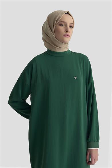 Kolları Ribanalı Arkadan Uzatmalı Basic Tunik-Zümrüt 25YT449