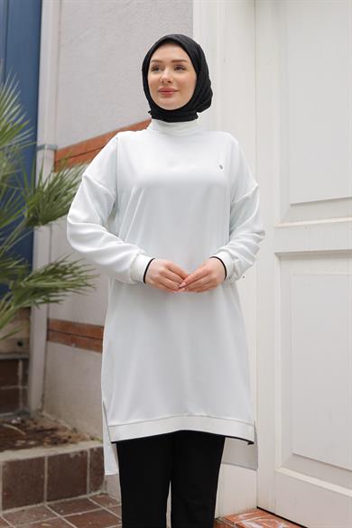 Kolları Ribanalı Arkadan Uzatmalı Basic Tunik-Beyaz 25YT449