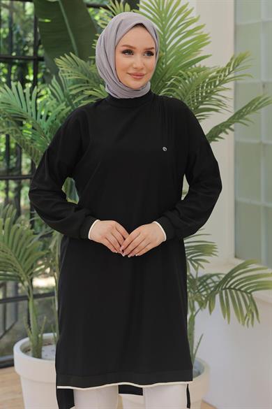 Kolları Ribanalı Arkadan Uzatmalı Basic Tunik-Siyah 25YT449