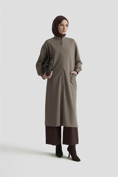 Kolları Ribanalı Boydan Fermuarlı Cepli Giy Çık Vizon 25KT557 