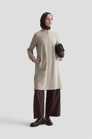 Kolları Ribanalı Yarım Fermuarlı Tunik Bej 25KT443