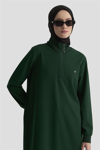 Kolları Ribanalı Yarım Fermuarlı Tunik Zümrüt 25KT456