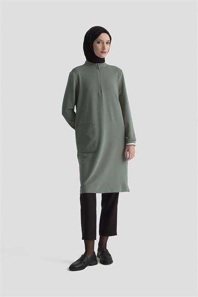 Kolları Ribanalı Yarım Fermuarlı Tunik Haki 25KT443