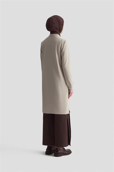 Kolları Ribanalı Yarım Fermuarlı Tunik Bej 25KT443