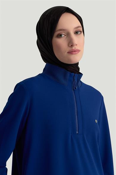 Kolları Ribanalı Yarım Fermuarlı Tunik Morcivert 25KT456