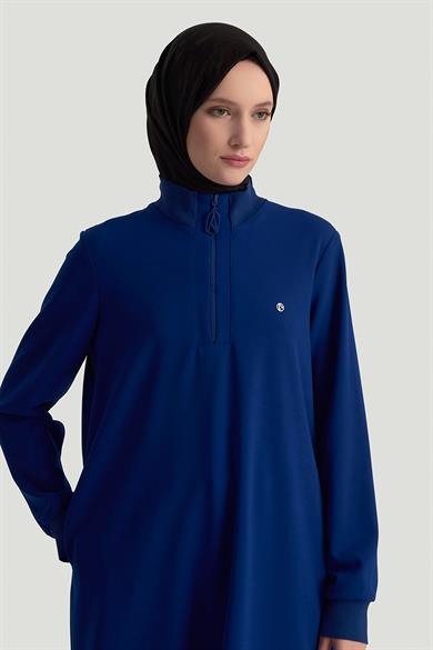 Kolları Ribanalı Yarım Fermuarlı Tunik Morcivert 25KT456