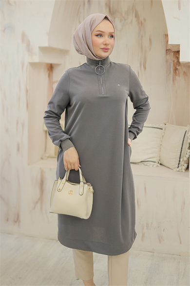 Kolları Ribanalı Yarım Fermuarlı Tunik Gri 24KT436